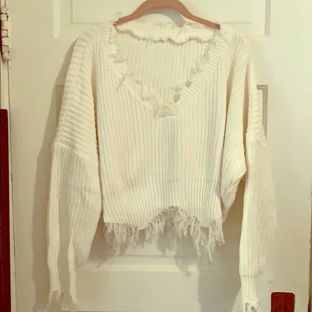 OS White Fringe Crop Top Sweater